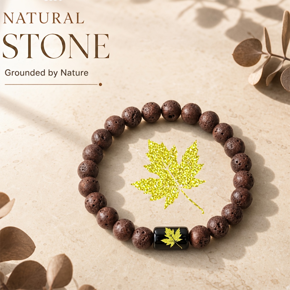 Women's Natural Stone Beaded Bracelet with Golden Leaf Accent